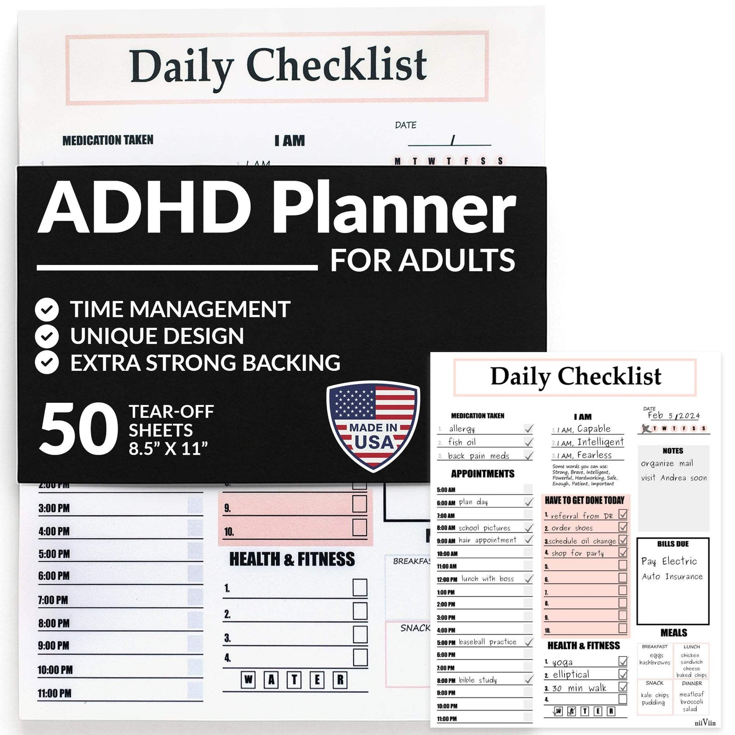 ADHD planner daily checklist notepad with 50 tear-off 8.5x11 sheets, strong backing, and time management design