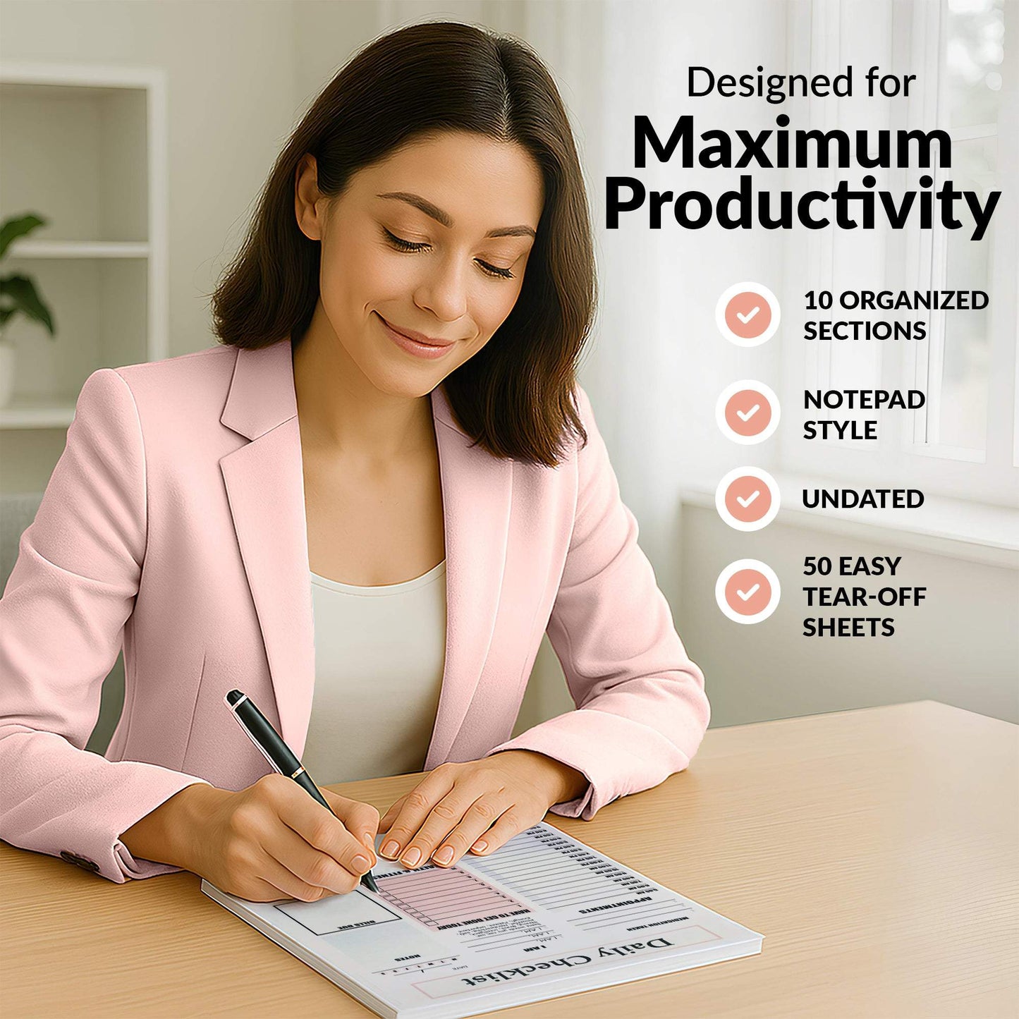 Woman using Daily Checklist Notepad 8.5 x 11 with 50 tear-off sheets for productivity and organization