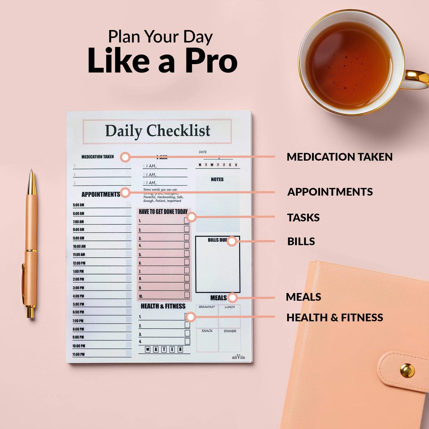 Daily Checklist Notepad 8.5x11 with sections for medication, appointments, tasks, bills, meals, and health tracking next to pen, cup of tea, and planner.