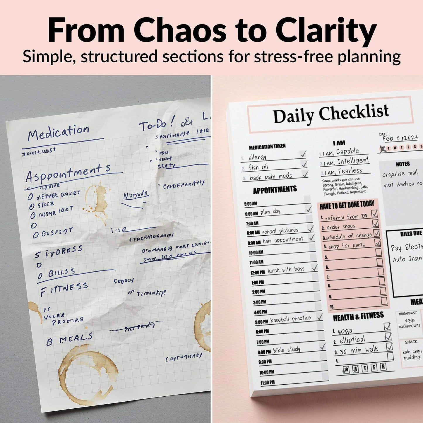 Daily Checklist Notepad 8.5x11 inches tear-off sheets with structured daily planning sections for medication, appointments, tasks, meals, and self-care, designed for stress-free organization and focus.