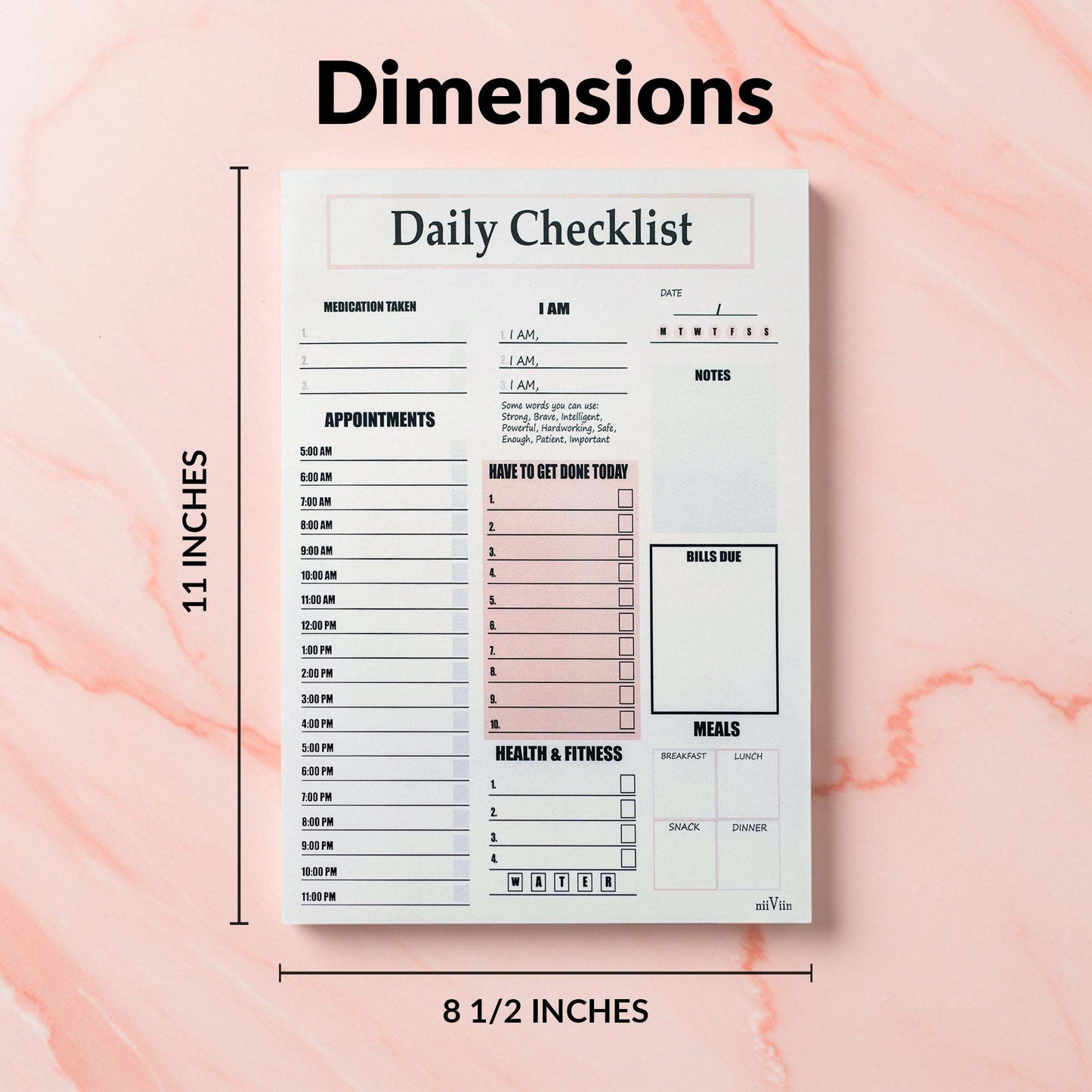 Daily Checklist Notepad 8.5 x 11 inches with tear-off sheets for tasks, appointments, meals, and self-care management.