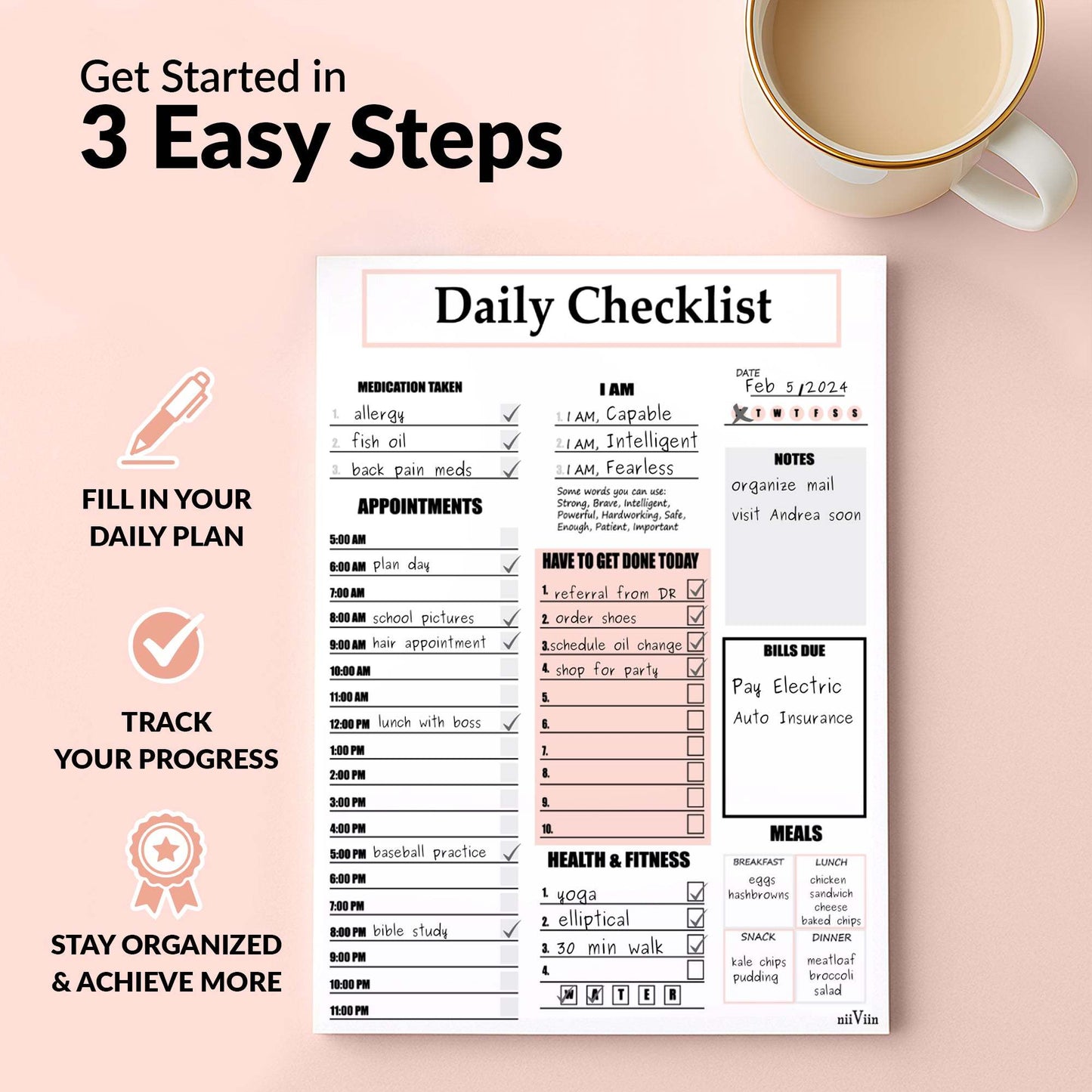 Daily Checklist Notepad 8.5x11 inch tear-off sheets with task tracker, appointments, meals, and motivation sections.