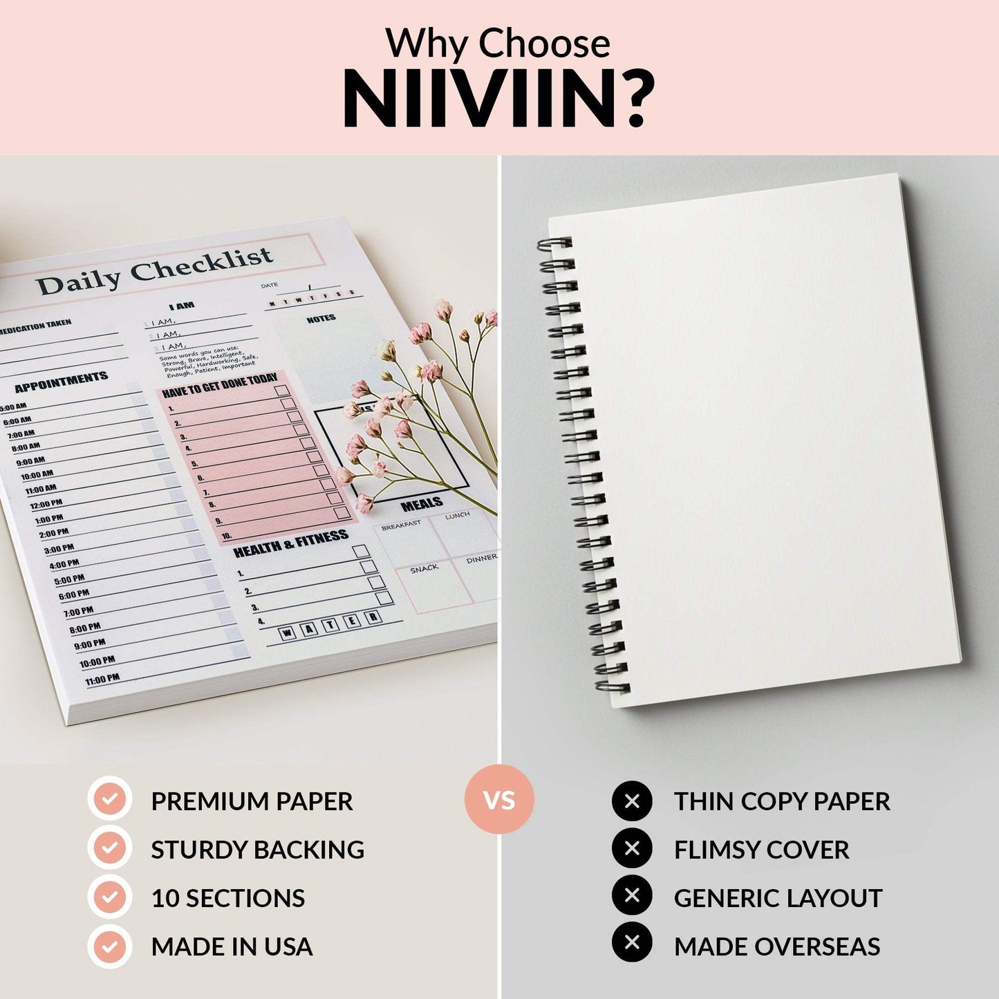Daily Checklist Notepad 8.5x11 with sturdy backing, premium paper, 10 organized sections, made in USA, comparing quality to thin copy paper notepad