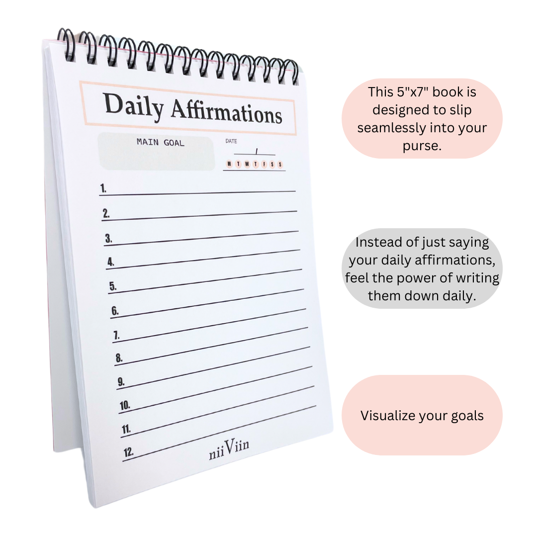 5x7 pink spiral daily affirmation book with lined pages for writing goals and positive affirmations