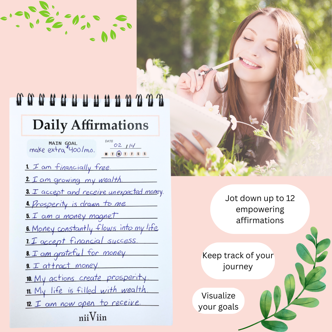 Daily affirmation book pink spiral notebook for women with empowering handwritten affirmations and motivational self-care journal.