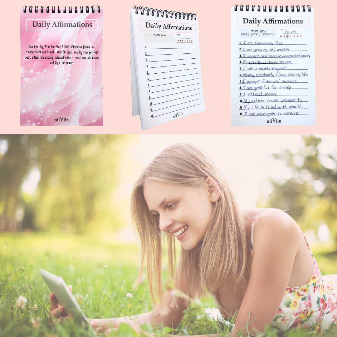 Pink 5x7 spiral daily affirmation book for women with motivational prompts and personal journaling pages