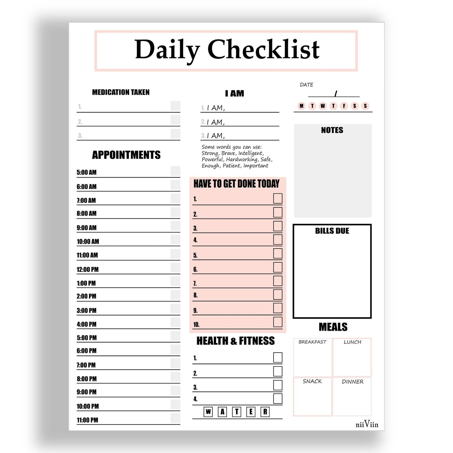 Daily Checklist Notepad 8.5x11 with tear-off sheets for scheduling tasks, appointments, health tracking, meals, and notes, 50 sheets