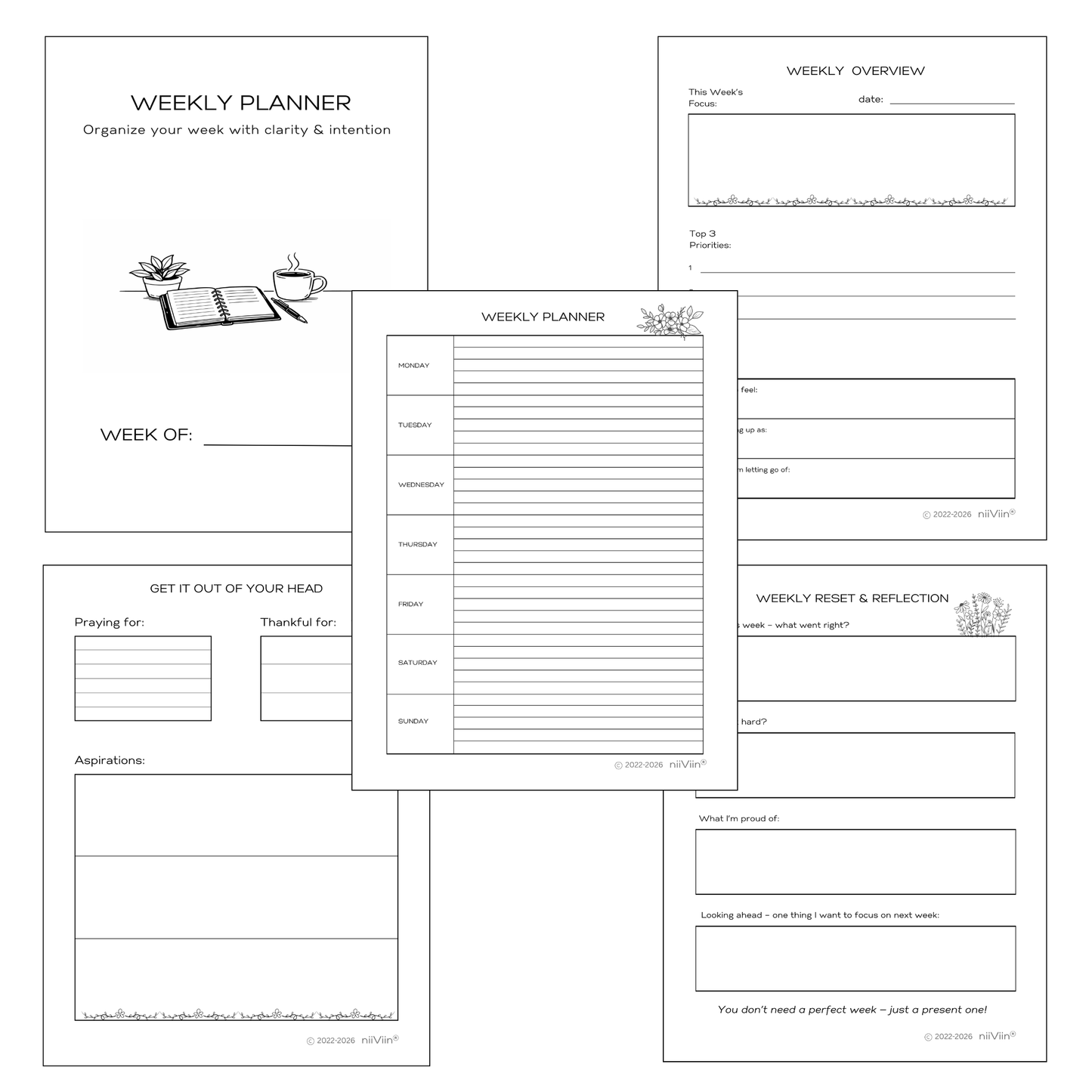 Minimalist Weekly Planner Printable - 5 Page Unique Weekly Planning Set (Instant PDF Download)