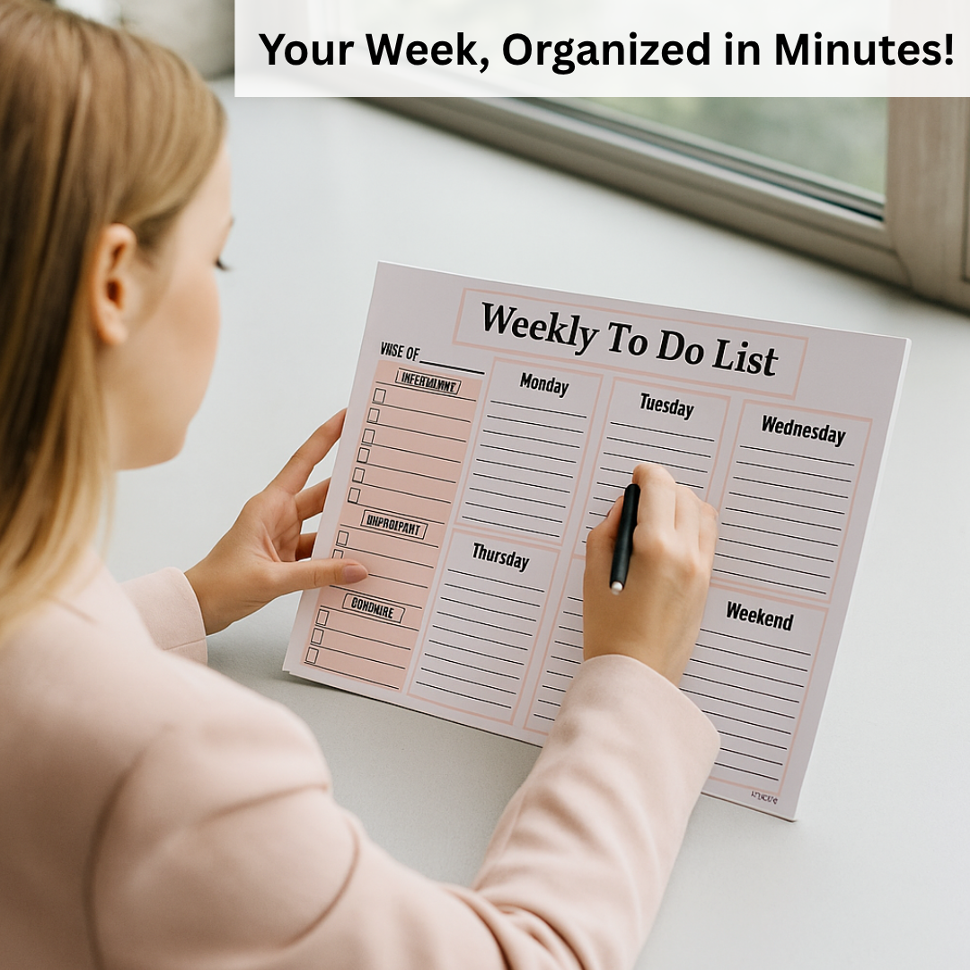 Woman using NiiViin undated weekly planner notepad with 50 tear-off sheets and daily to-do list sections for ADHD organization
