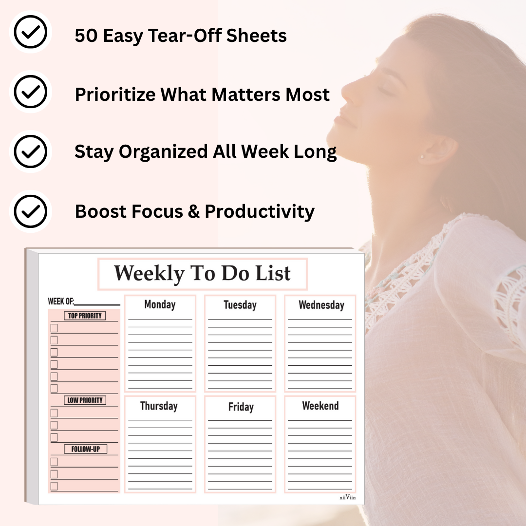 Undated weekly planner notepad with 50 tear-off sheets for ADHD adults, featuring priority sections and daily to-do lists.