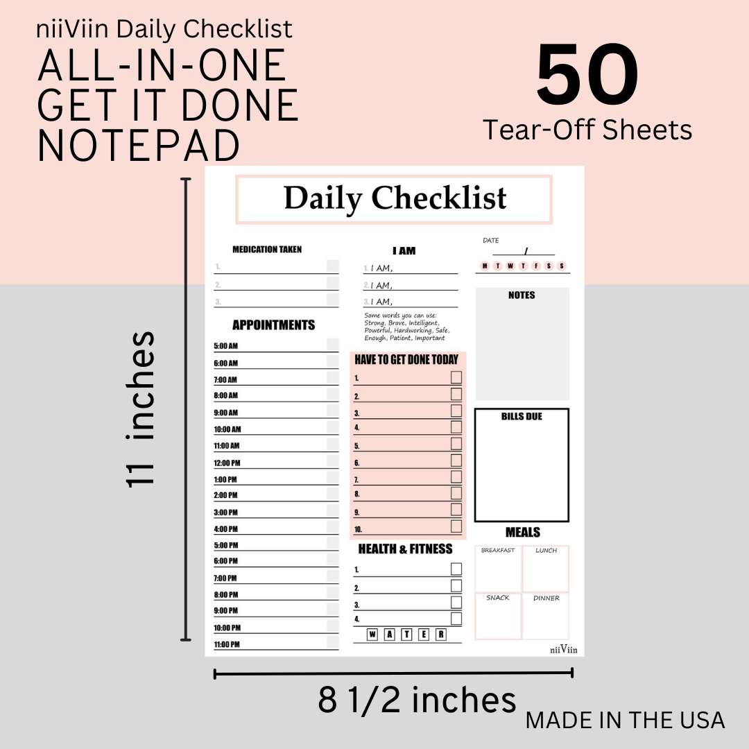 Daily Checklist Notepad 8.5" x 11" Tear-Off Sheets (50 Sheets)
