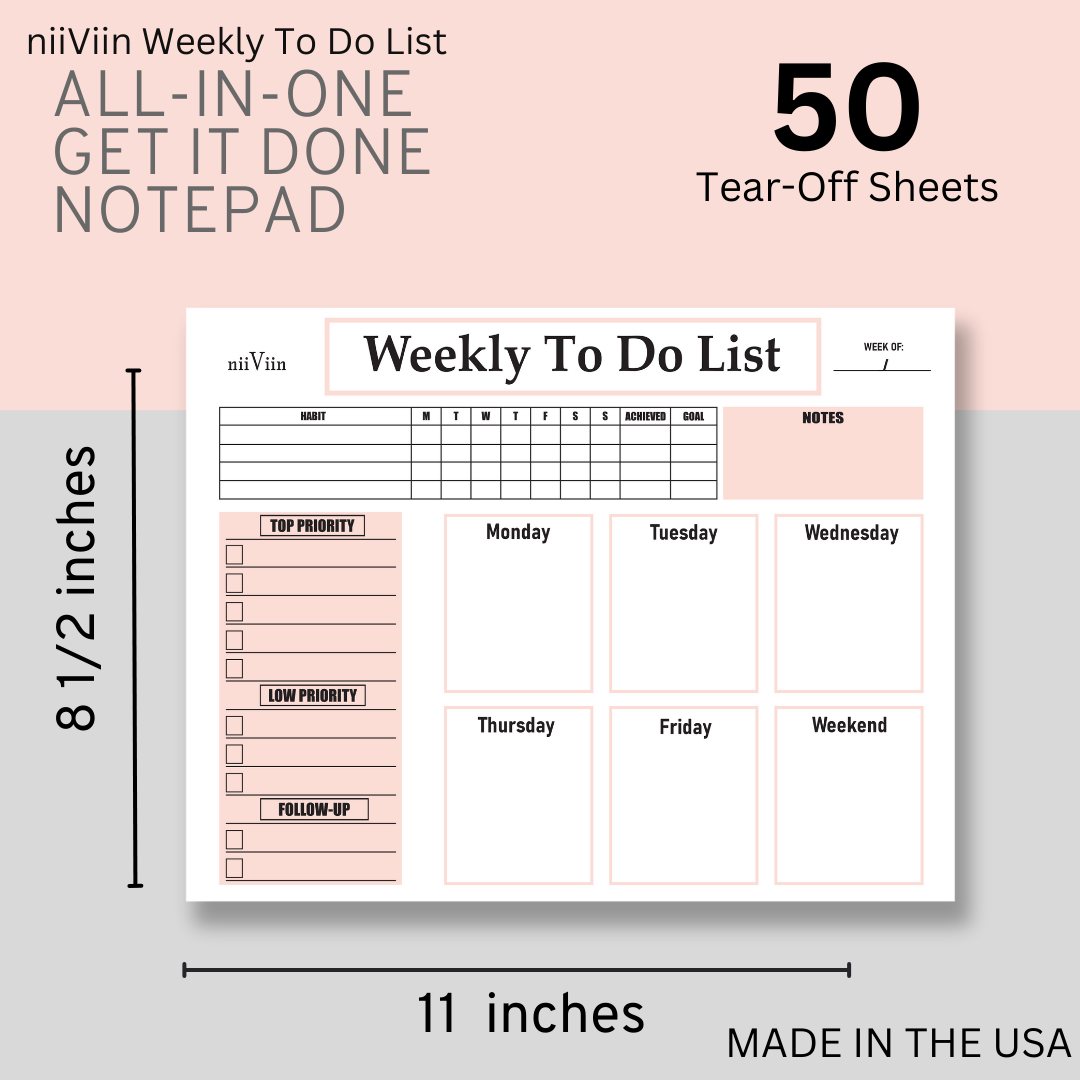 NiiViin Undated Weekly Planner Notepad - ADHD Planner for Adults, 50 Tear-Off 8.5" x 11" Sheets
