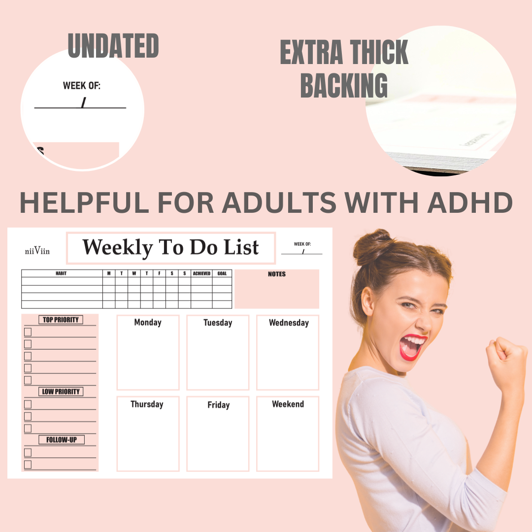 NiiViin Undated Weekly Planner Notepad - ADHD Planner for Adults, 50 Tear-Off 8.5" x 11" Sheets