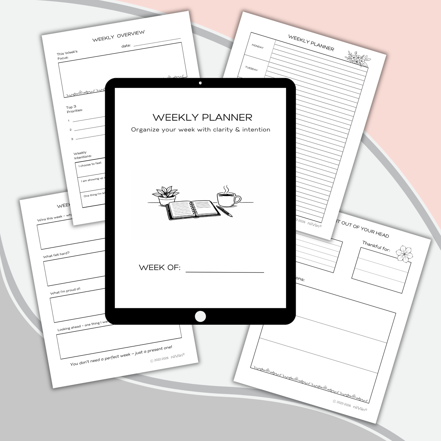 Minimalist Weekly Planner Printable - 5 Page Unique Weekly Planning Set (Instant PDF Download)