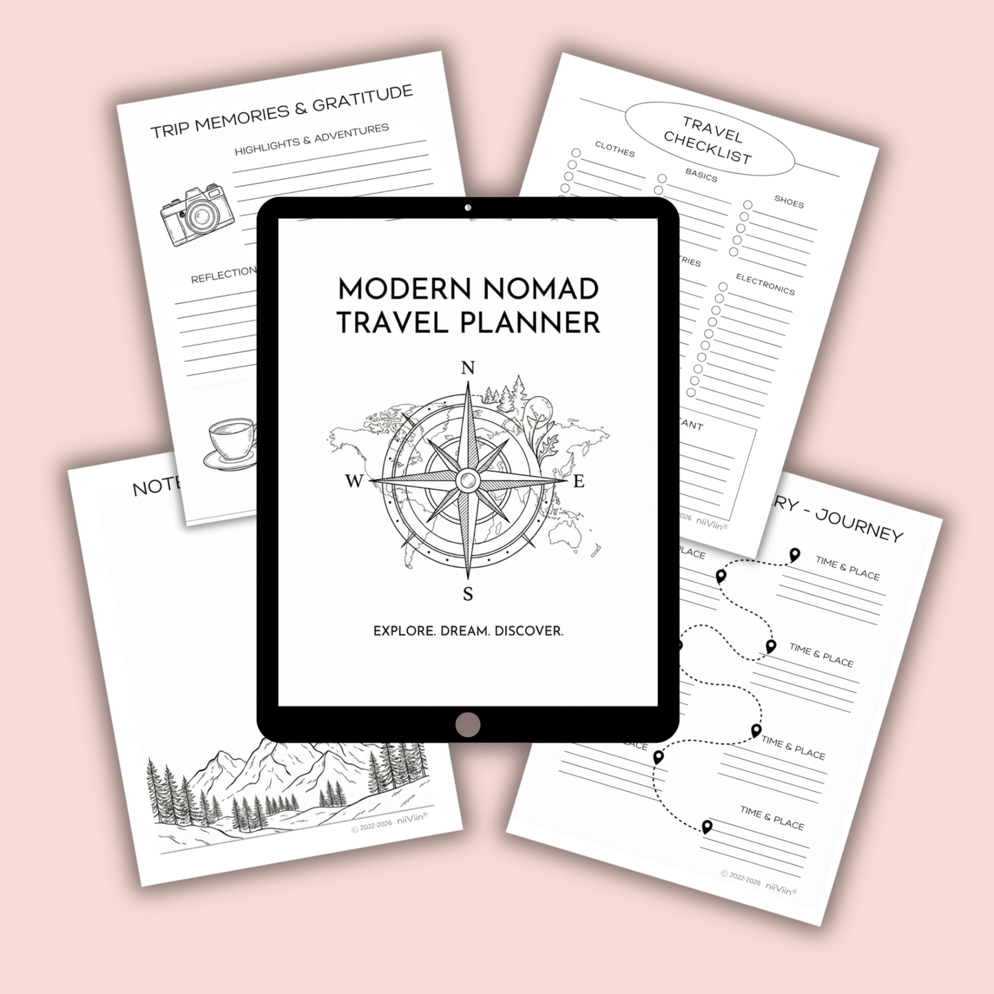 Modern Nomad Travel Planner – 5 Page Minimalist Printable Travel Planner (Instant PDF Download)