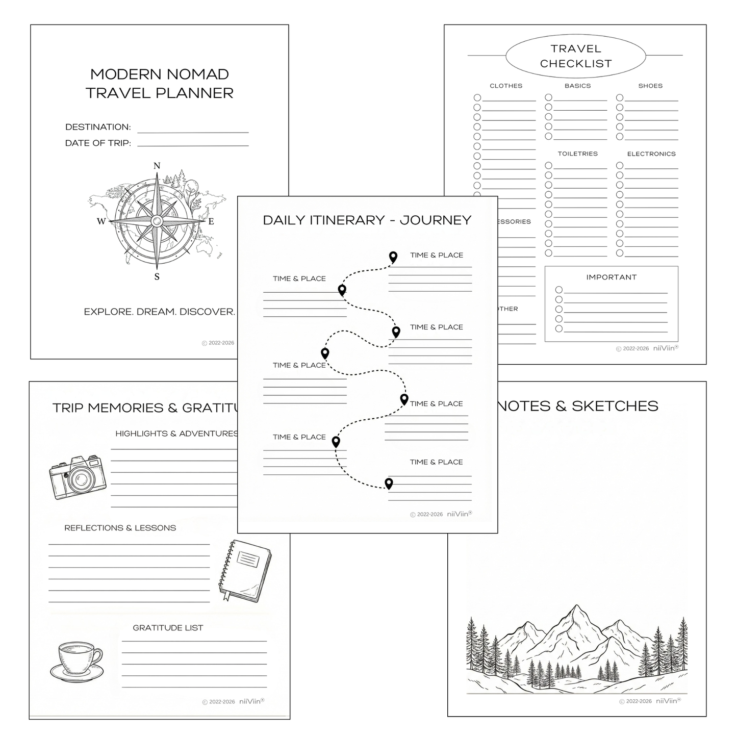 Modern Nomad Travel Planner – 5 Page Minimalist Printable Travel Planner (Instant PDF Download)