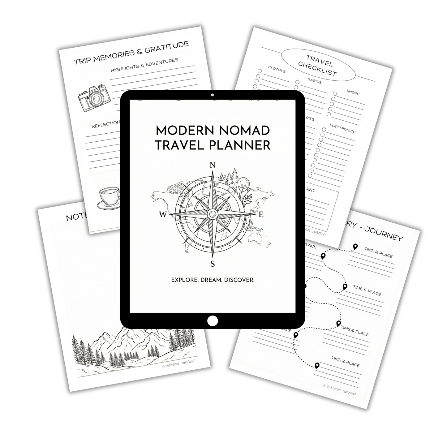 Modern Nomad Travel Planner – 5 Page Minimalist Printable Travel Planner (Instant PDF Download)